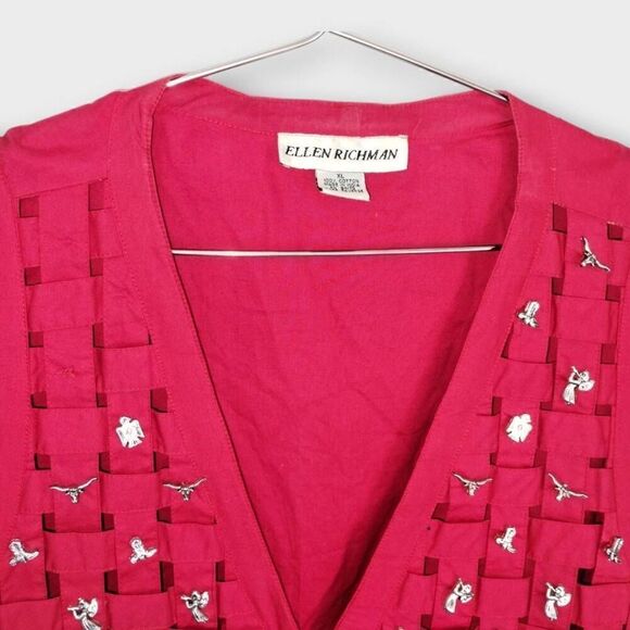 Ellen Richman Womens Vest Sz XL Red Silver Charms Woven Button From Cotton Vtg - Picture 6 of 9